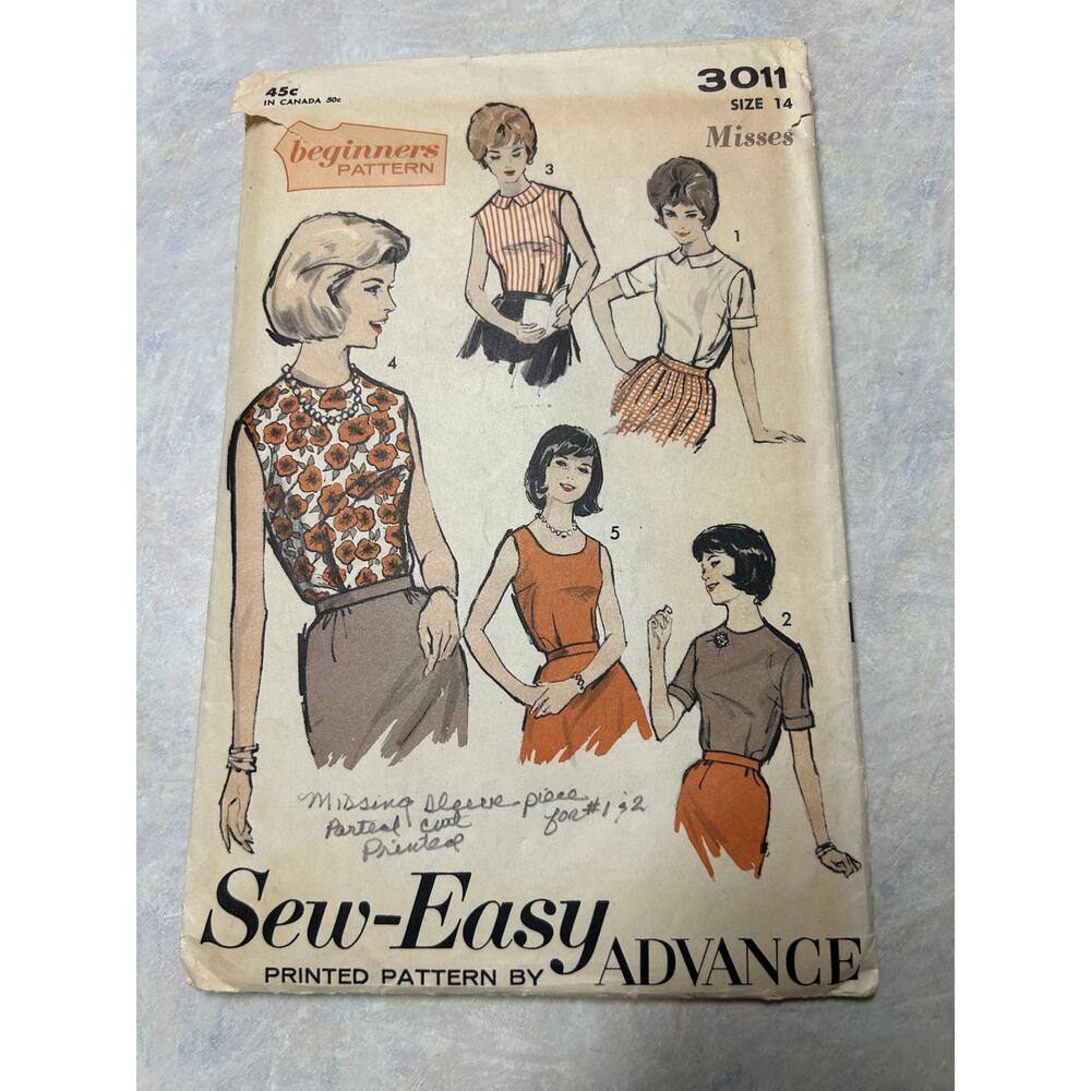 Vintage 1960's Advance Beginners Pattern #3011 Misses‎ Blouses Size 14 Bust 34